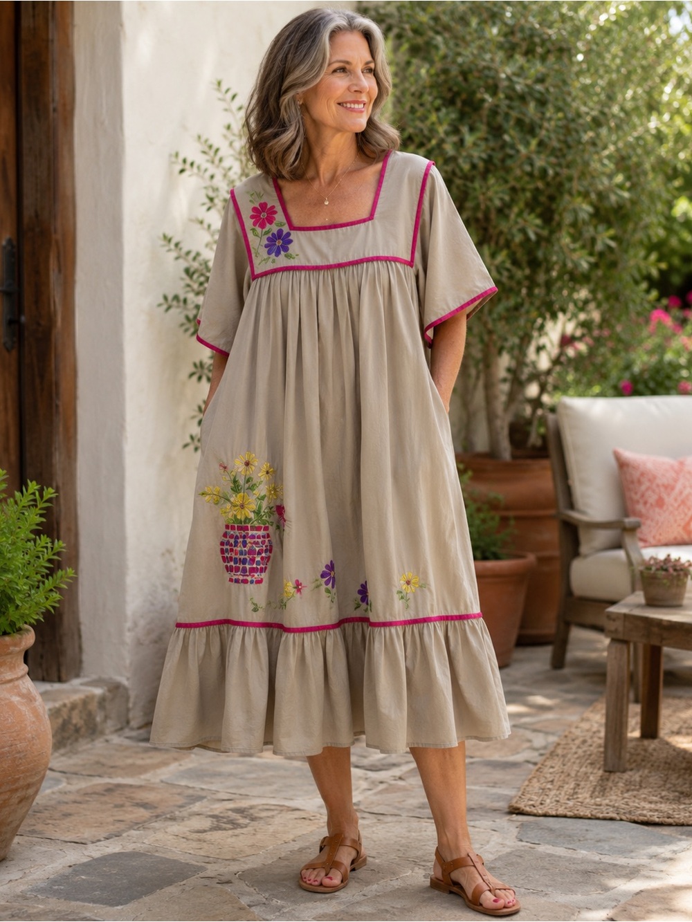 Go Softly Patio XL Kaftan MuMu Lounge Dress Embroidered Floral Tan Cottagecore